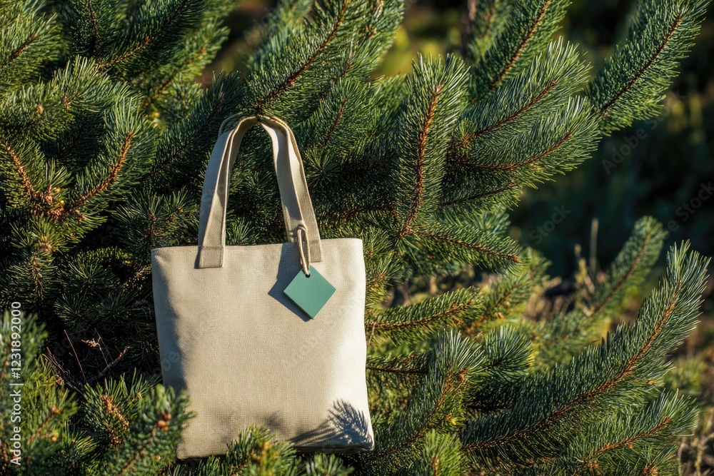 Poster a tote bag is hung from a tree branch, a practical and eco-friendly way to carry items