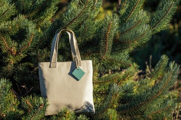 A tote bag is hung from a tree branch, a practical and eco-friendly way to carry items