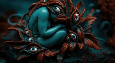 Fototapeta premium Surreal sculpture of a figure surrounded by eyes and leaves, symbolizing nature