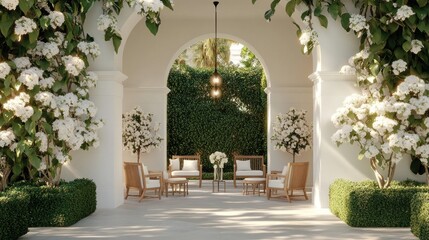 Serene patio with white flowers, archway, and seating.