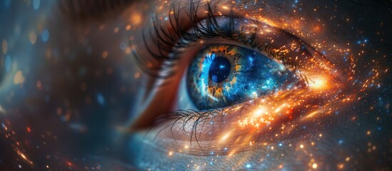 cosmic scene depicting a person facing a gigantic glowing spiral nebula surrounded by clouds