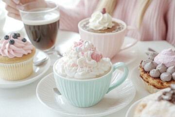 A woman enjoying a cup of coffee and a plate of cupcakes