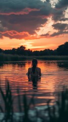 A serene moment where the sunset meets the water. A figure stands peacefully in the lake. Nature captures tranquility. Reflective beauty and calmness prevail. Generative AI