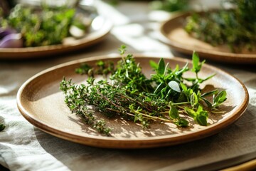 A plate filled with various fresh herbs, ideal for culinary or lifestyle use