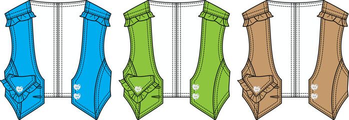 Kids Vest Fashion Flat Sketches- Blue, Green, Beige Ruffled Design