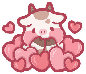 cute cow among group of hearts