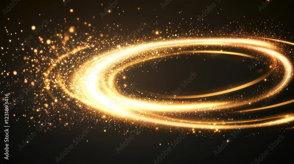 Poster magic light circle and spiral neon elements with swoosh effect and glowing sparkles. realistic vecto