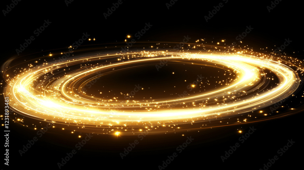 Poster magic light circle and spiral neon elements with swoosh effect and glowing sparkles. realistic vecto