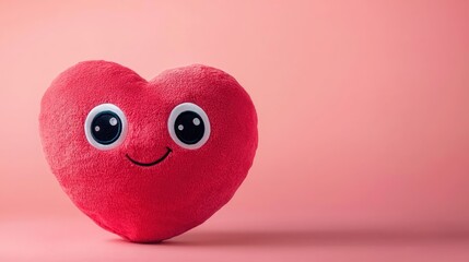 A cartoon-style heart-shaped pillow with big eyes, isolated on a pink background with text space.