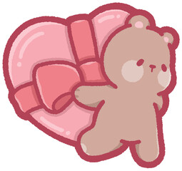 Cute grizzly bear carrying a heart-shaped gift box on Valentine's Day