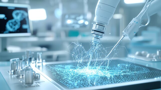 Futuristic robotic arm conducting digital surgery on a holographic display in a high-tech lab.