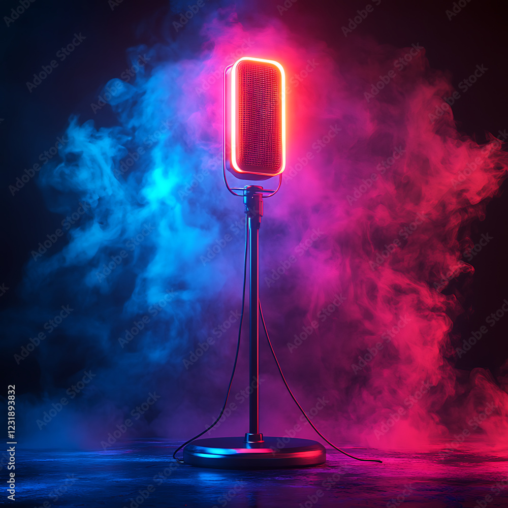 Poster vibrant microphone illuminated by neon lights, surrounded by colorful smoke, creating dynamic atmosp