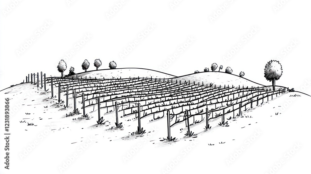 Poster a hand-drawn illustration of a vineyard on a hillside with rows of grapevines and trees in the backg