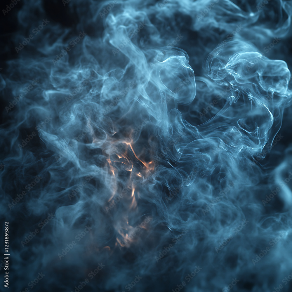 Poster mysterious blue smoke swirling with hints of orange light, creating ethereal atmosphere. dynamic mov