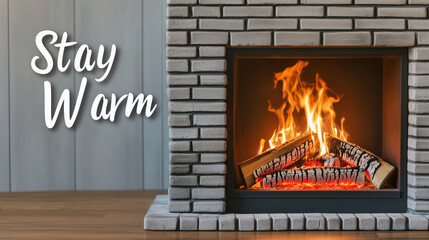 A modern brick fireplace with burning logs and glowing embers featuring Stay Warm text for cozy home heating and winter ambiance