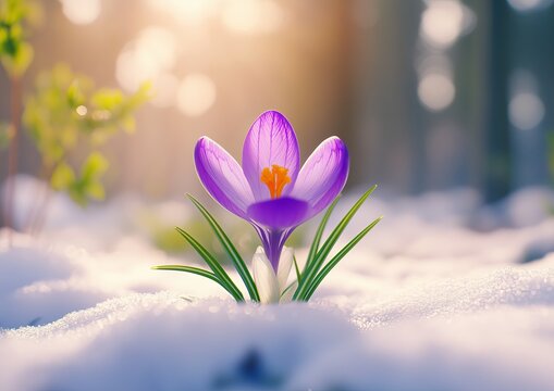 A purple flower with orange petals is growing in the snow. The flower is surrounded by snow and is the only sign of life in the cold, barren landscape. Concept of hope and resilience