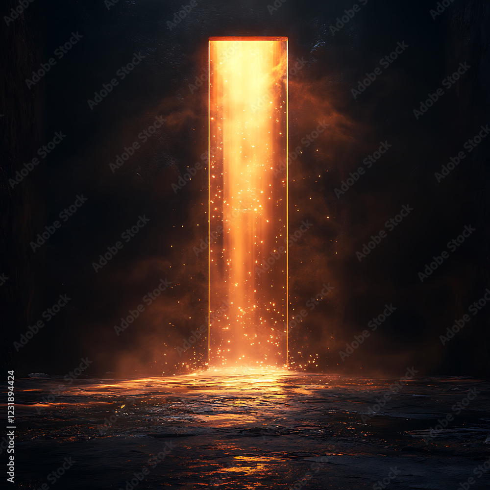 Poster door opening with cascade of bright light and particles, creating mystical atmosphere. scene evokes 