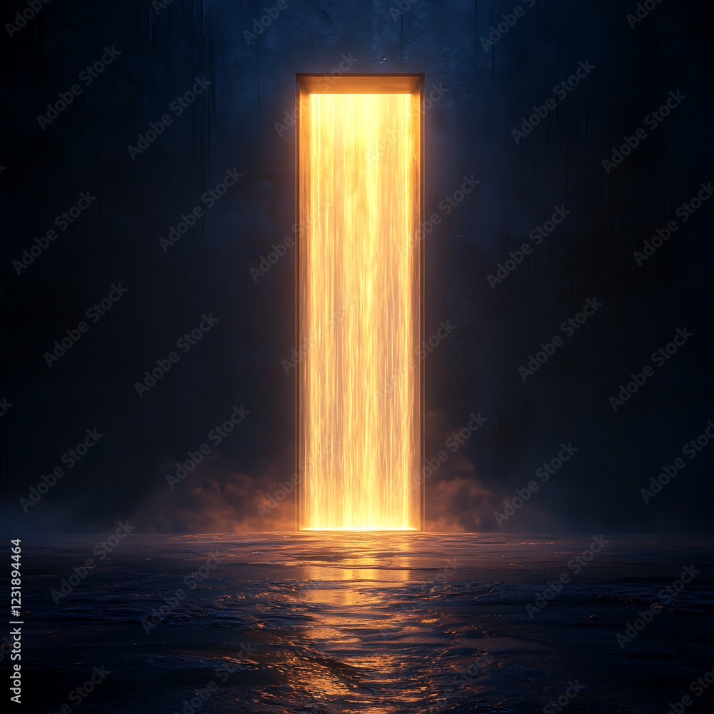 Poster door opening with cascade of bright light, creating mystical atmosphere. scene evokes feelings of wo
