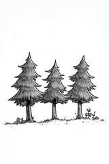 Obraz premium A hand-drawn illustration of three simple evergreen trees.