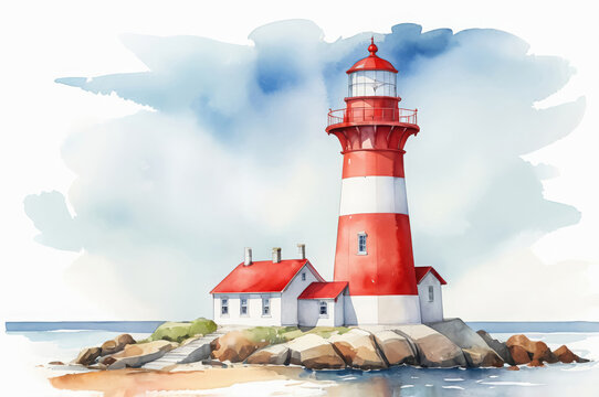 Watercolor landscape with a red and white lighthouse on the rocks - Powered by Adobe