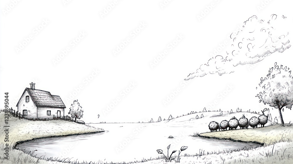Poster a hand-drawn sketch of a cottage by a lake with a row of trees and a cloud in the sky.