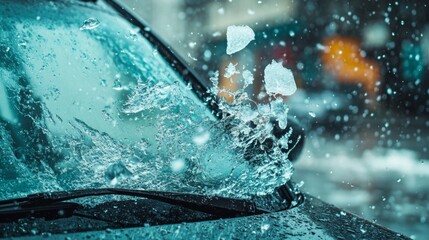 A close-up view of a car windshield splattered with water droplets. Rainy conditions create a unique visual effect. Nature meets technology. Generative AI