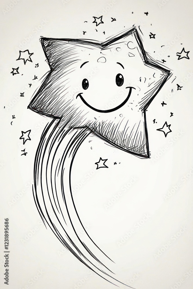Poster a hand-drawn sketch of a smiling shooting star with a tail of light.