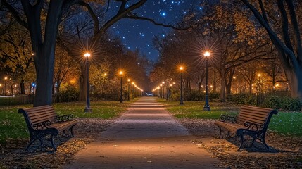 Starry Night Park Path, Autumn, Benches