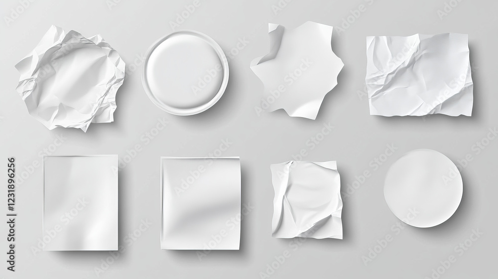 Poster white paper stickers or crumpled glued patches mockup. blank shrunken labels of different shapes rou