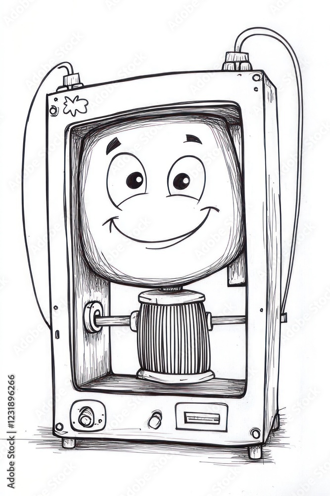 Poster a happy cartoon 3d printer with a smiling face and a spool of filament.