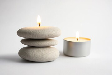 A stack of rocks placed next to a lit candle, perfect for use in images about nature, spirituality or relaxation