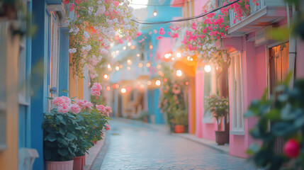 Fototapeta premium A residential building in soft pastel tones, adorned with vibrant flowers, radiating a sense of happiness and comfort—stylish living in colorful concrete.