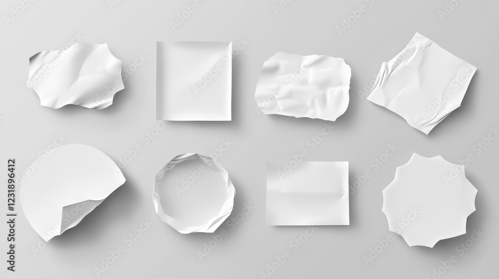 Poster white paper stickers or crumpled glued patches mockup. blank shrunken labels of different shapes rou