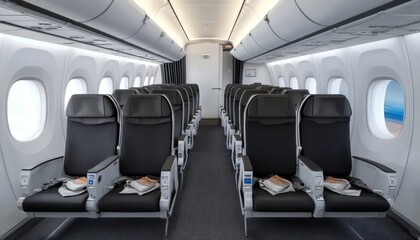 Fototapeta premium Empty Airplane Cabin With Comfortable Seats, Aisle, Large Windows, And Overhead Compartments