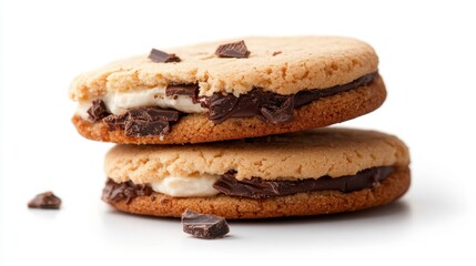 Delicious chocolate cream filled biscuits stacked on a white background