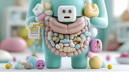 Fototapeta premium Cute gut health mascot, candy intestine, home background, health education