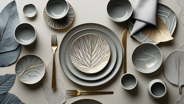 Elegant tableware set with leaf patterns in gray and gold accents, arranged on a light gray background with matching leaf decorations.