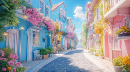 Obraz premium A residential building in soft pastel tones, adorned with vibrant flowers, radiating a sense of happiness and comfort—stylish living in colorful concrete.