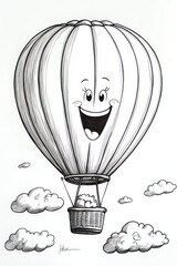 A happy cartoon hot air balloon with a basket and clouds.