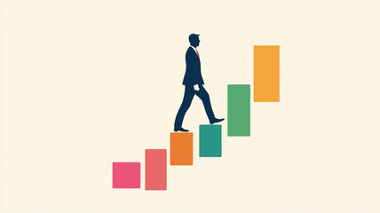 棒グラフの階段を歩くビジネスマン