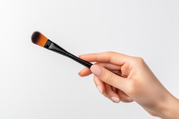 A person holding a makeup brush in their hand