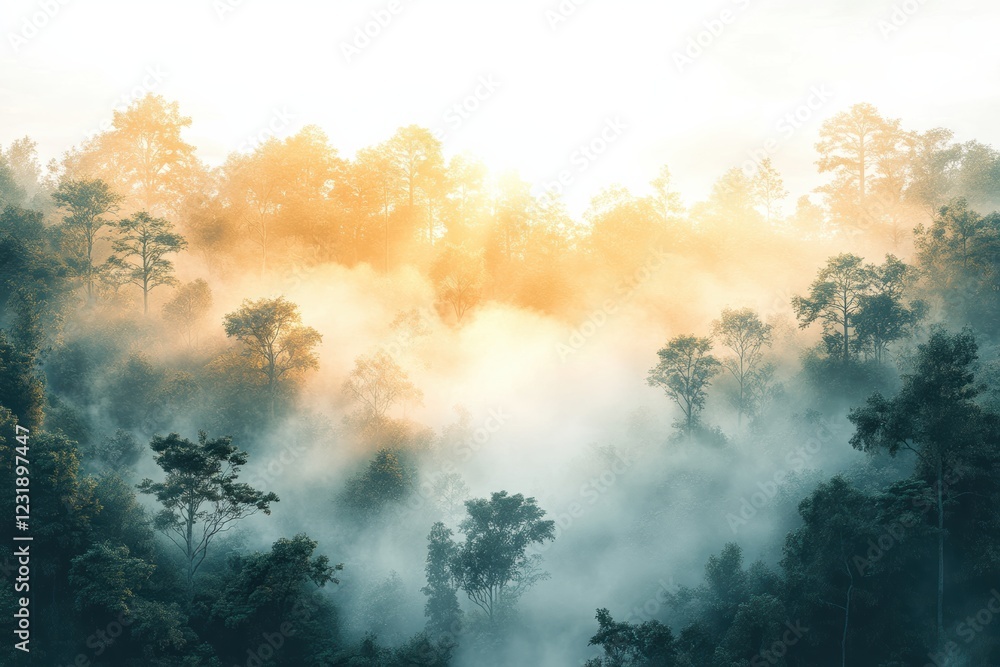 Poster a serene forest landscape shrouded in mist, with sunlight filtering through the treetops, creating a