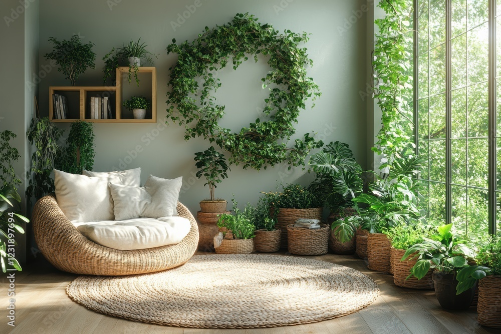 Aufkleber a serene indoor space featuring a cozy chair and abundant greenery, creating a peaceful atmosphere f