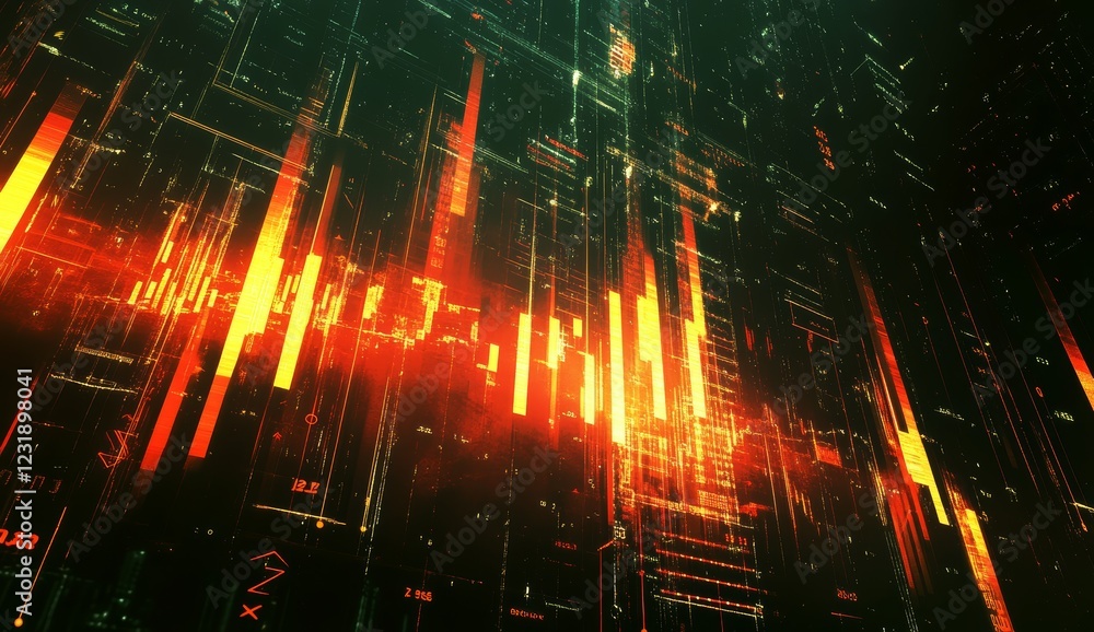 Fototapete abstract digital background with glowing orange and red lines forming data streams and charts.