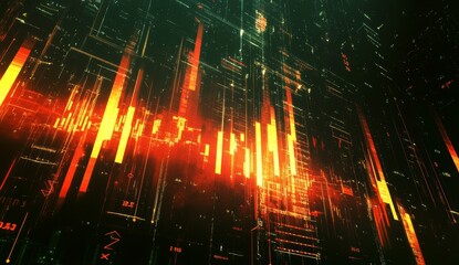 Abstract digital background with glowing orange and red lines forming data streams and charts.