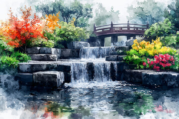 Fototapeta premium Serene waterfall cascading through stone steps, vibrant garden, and arched bridge.