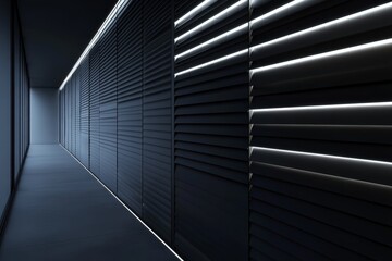 Obraz premium Modern minimalist hallway with illuminated slatted wall.
