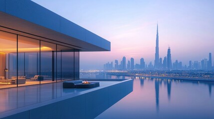 Fototapeta premium Modern luxury apartment with skyline view at dusk