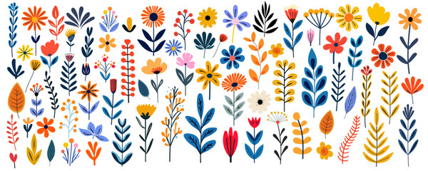 Abstract Hand drawn wildflowers, set flowers and leaves, flat icons. Vector illustration