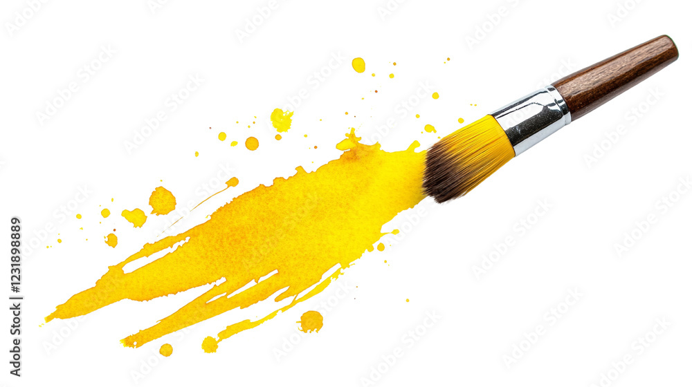 Poster a paintbrush with yellow paint creates a dynamic splatter and stroke design against a black backgrou